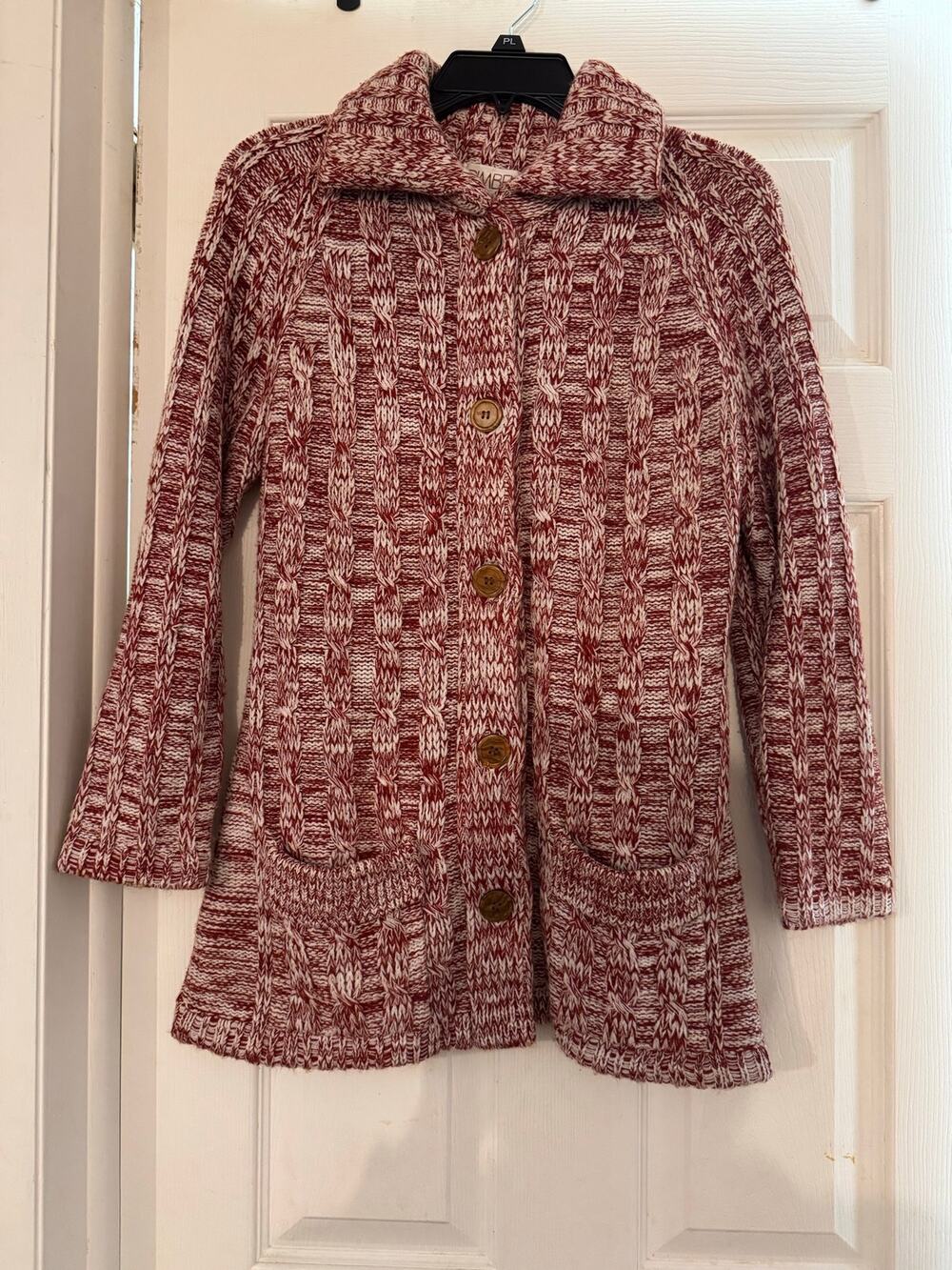 VTG 70s Gimbels Chunky Cable Knit Cardigan Sweater Red White Heather size M